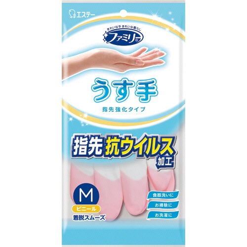 エステー　ファミリー　ビニールうす手　指先強化手袋　ピンク　Ｍ　１双1