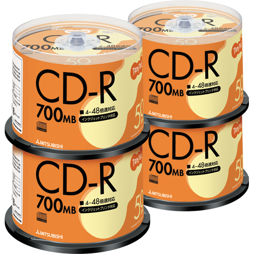 【クリックで詳細表示】TANOSEE データ用CD-R 700MB 48倍速 ホワイトプリンタブル スピンドルケース SR80FP50T 1セット(200枚：50枚×4パック) SR80FP50T