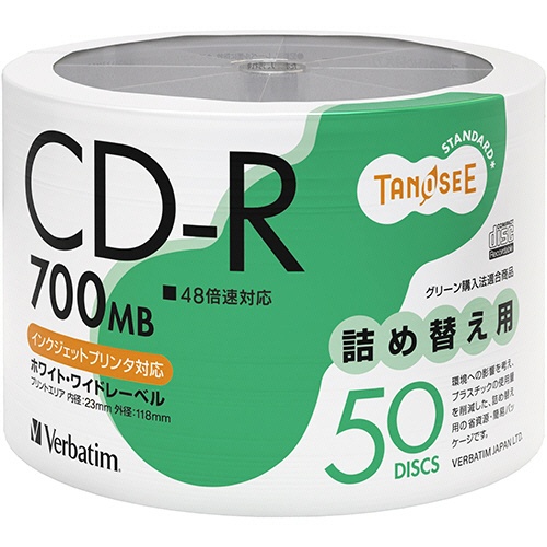ＴＡＮＯＳＥＥ　バーベイタム　データ用ＣＤ－Ｒ　７００ＭＢ　４８倍速　ホワイトワイドプリンタブル　詰替え用　ＳＲ８０ＦＰＷ５０ＴＴ２　１セット（３００枚：５０枚×６パック）1