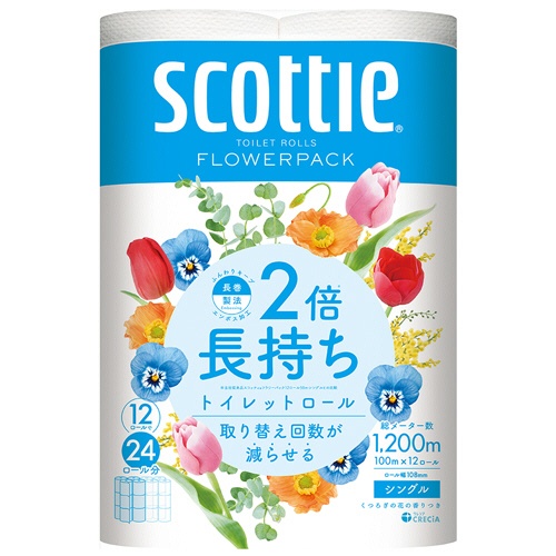日本製紙クレシア　スコッティ　２倍巻き　フラワーパック　シングル　芯あり　１００ｍ　１セット（４８ロール：１２ロール×４パック）1