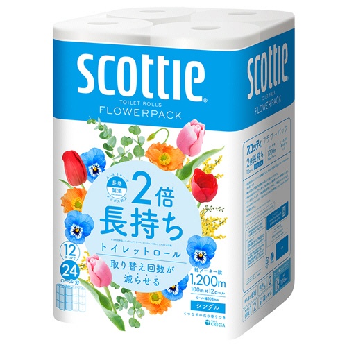 日本製紙クレシア　スコッティ　２倍巻き　フラワーパック　シングル　芯あり　１００ｍ　１セット（４８ロール：１２ロール×４パック）2