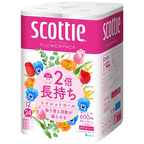 日本製紙クレシア　スコッティ　２倍巻き　フラワーパック　ダブル　芯あり　５０ｍ　１セット（４８ロール：１２ロール×４パック）2