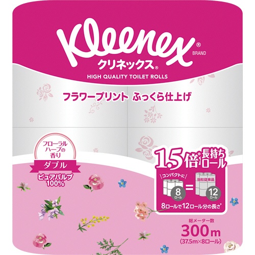 日本製紙クレシア　クリネックス　コンパクト　フラワープリント　ダブル　芯あり　３７．５ｍ　香り付き　１セット（６４ロール：８ロール×８パック）1