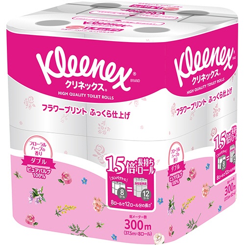 日本製紙クレシア　クリネックス　コンパクト　フラワープリント　ダブル　芯あり　３７．５ｍ　香り付き　１セット（６４ロール：８ロール×８パック）2