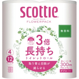 日本製紙クレシア　スコッティ　フラワーパック　３倍長持ち　ダブル　芯あり　７５ｍ　１セット（４８ロール：４ロール×１２パック）
