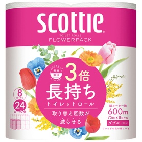 日本製紙クレシア　スコッティ　フラワーパック　３倍長持ち　ダブル　芯あり　７５ｍ　香り付き　１セット（４８ロール：８ロール×６パック）
