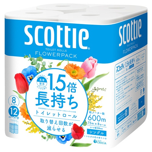 日本製紙クレシア　スコッティ　フラワーパック　１．５倍長持ち　シングル　芯あり　７５ｍ　香り付き　１セット（６４ロール：８ロール×８パック）2