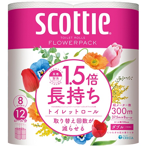 日本製紙クレシア　スコッティ　フラワーパック　１．５倍長持ち　ダブル　芯あり　３７．５ｍ　香り付き　１セット（６４ロール：８ロール×８パック）1