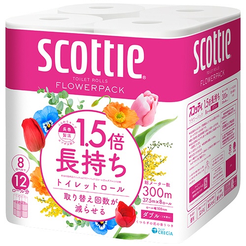日本製紙クレシア　スコッティ　フラワーパック　１．５倍長持ち　ダブル　芯あり　３７．５ｍ　香り付き　１セット（６４ロール：８ロール×８パック）2