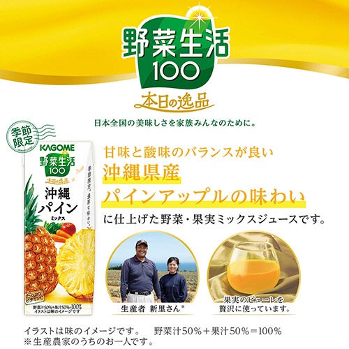 カゴメ　野菜生活１００　本日の逸品　沖縄パインミックス　１９５ｍＬ　紙パック　１セット（４８本：２４本×２ケース）2