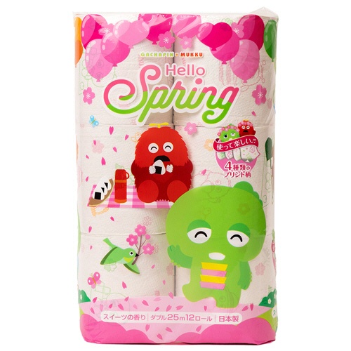 丸富製紙　トイレットペーパー　ガチャピンムック　再生紙　ハロースプリング　ダブル　２５ｍ　１セット（９６ロール：１２ロール×８パック）1