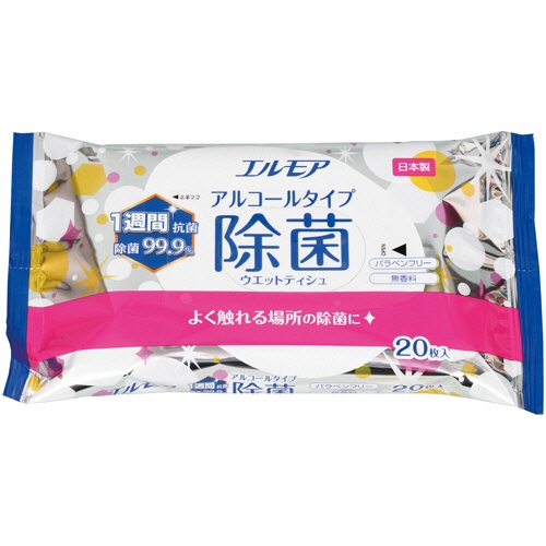 カミ商事　エルモア　除菌９９．９％ウエットティッシュ　アルコールタイプ　１セット（４８０枚：２０枚×２４パック）1