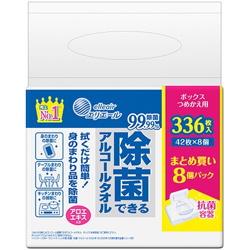 大王製紙　エリエール　除菌できるアルコールタオル　ボックスつめかえ用　１セット（１３４４枚：３３６枚×４パック）1