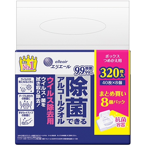 大王製紙　エリエール　除菌できるアルコールタオル　ウイルス除去用　ボックスつめかえ用　１セット（１２８０枚：３２０枚×４パック）1