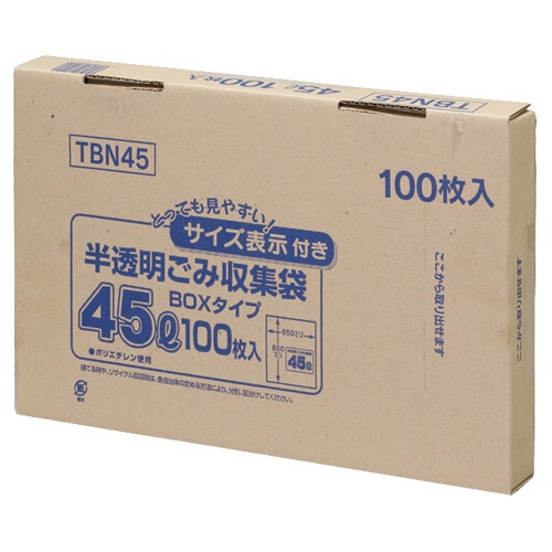 ジャパックス　容量表示入りポリ袋　乳白半透明　４５Ｌ　ＢＯＸタイプ　ＴＢＮ４５　１セット（６００枚：１００枚×６箱）1