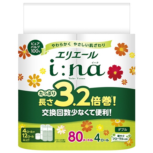 大王製紙　エリエール　ｉ：ｎａ（イーナ）トイレットティシュー　３．２倍巻　ダブル　芯あり　８０ｍ　１セット（６４ロール：４ロール×１６パック）1