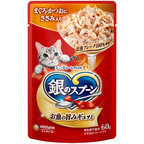 ユニ・チャーム　銀のスプーン　パウチ（ウェット）　まぐろ・かつおにささみ入り　６０ｇ　１セット（１６パック）1