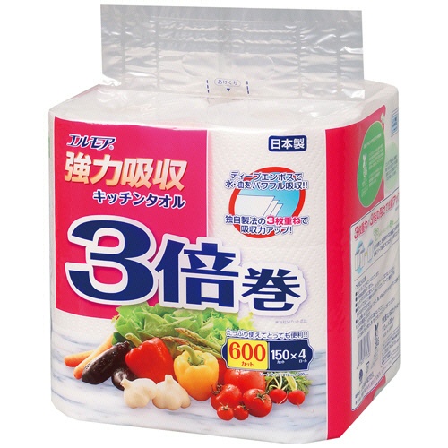 カミ商事　エルモア　強力吸収キッチンタオル３倍巻　３枚重ね×１５０カット　１セット（４８ロール：４ロール×１２パック）1