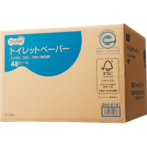 ＴＡＮＯＳＥＥ　トイレットペーパー　無包装　シングル　芯なし　１７０ｍ　１セット（１４４ロール：４８ロール×３ケース）2