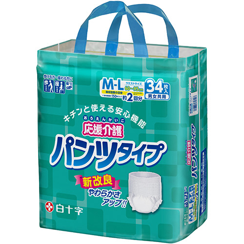 【クリックで詳細表示】白十字 応援介護 パンツタイプ M-L 1セット(102枚：34枚×3パック) 35729