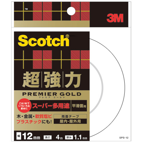 【クリックで詳細表示】3M スコッチ 超強力両面テープ プレミアゴールド (スーパー多用途) 12mm×4m SPS-12 1セット(20巻) SPS-12