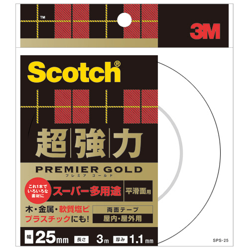 【クリックで詳細表示】3M スコッチ 超強力両面テープ プレミアゴールド (スーパー多用途) 25mm×3m SPS-25 1セット(10巻) SPS-25