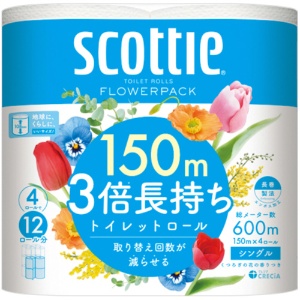 日本製紙クレシア　スコッティ　フラワーパック　３倍長持ち　シングル　芯あり　１５０ｍ　香り付き　１セット（４８ロール：４ロール×１２パック）1