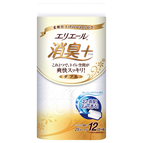 【クリックで詳細表示】大王製紙 エリエール消臭＋ トイレットティシュー ダブル 芯あり 25m 1セット(96ロール：12ロール×8パック) EシヨウシユウTR12R