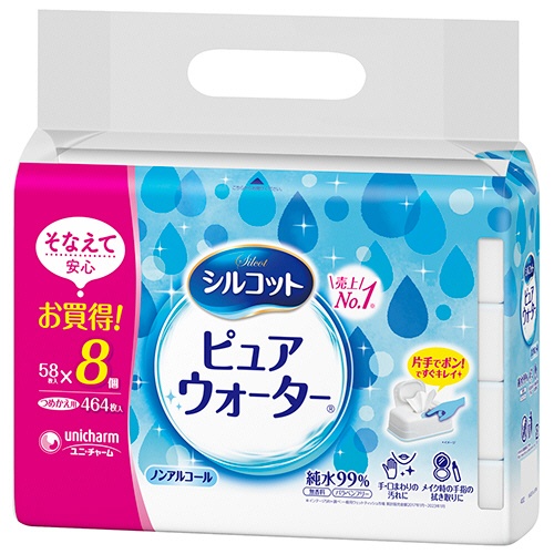 ユニ・チャーム　シルコットウェットティッシュ　ピュアウォーター　つめかえ用　１セット（１８５６枚：４６４枚×４パック）1