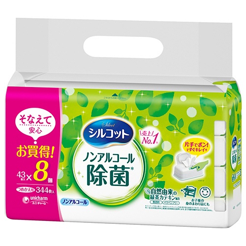 ユニ・チャーム　シルコットウェットティッシュ　ノンアルコール除菌　つめかえ用　１セット（１３７６枚：３４４枚×４パック）1