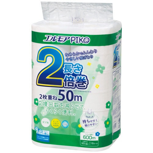 カミ商事　エルモア　ピコ　２倍巻トイレットロール　花の香り　ダブル　５０ｍ　１セット（７２ロール：１２ロール×６パック）1