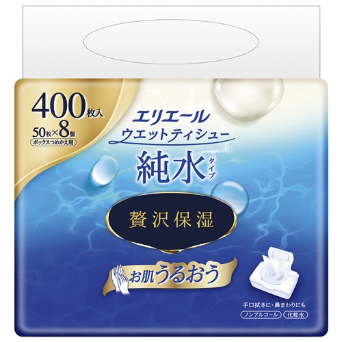 大王製紙　エリエール　ウエットティシュー　純水タイプ　贅沢保湿　つめかえ用　１セット（１６００枚：４００枚×４パック）1