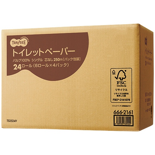 ＴＡＮＯＳＥＥ　トイレットペーパー（パルプ１００％）　パック包装　シングル　芯なし　２５０ｍ　１セット（２４０ロール：２４ロール×１０ケース）3
